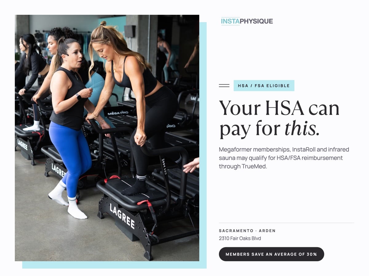 Coach and member on a Megaformer at InstaPhysique Sacramento, an HSA and FSA eligible fitness studio